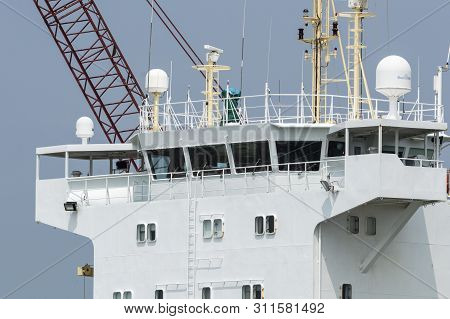 New Bedford, Massachusetts, Usa - July 11, 2019: Bridge On Cargo Vessel Annemieke Docked In New Bedf