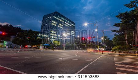 Daejeon, South Korea; June 25, 2019: Night Exterior View Of New Dong-gu Regional Office Building Des