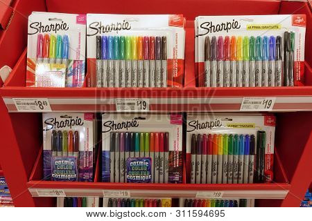 Vero Beach,FL/USA-7/15/19: A display of Sharpie Markers in the school supply aisle of a retail store. Concept Back to School supplies.