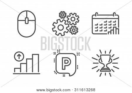 Computer Mouse, Cogwheel And Graph Chart Icons Simple Set. Calendar Graph, Parking And Trophy Signs.