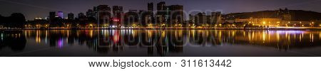 At The Night Time, Panoramic Skyline Of East Lake In Wuhan City, Hubei Province, China.