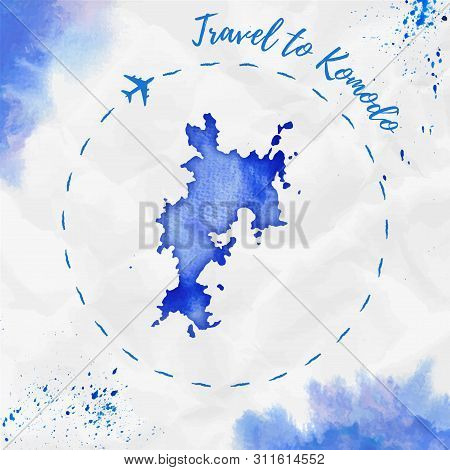 Komodo Watercolor Island Map In Blue Colors. Travel Poster With Airplane Trace And Handpainted Count