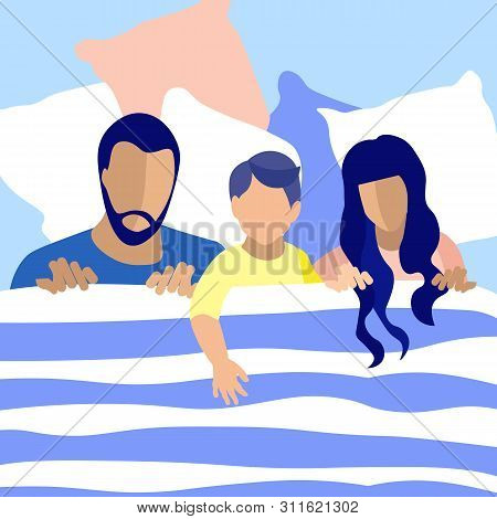 Parents And Son Sleeping Together In Same Bed Flat Cartoon. Father, Mother And Little Boy Having Swe