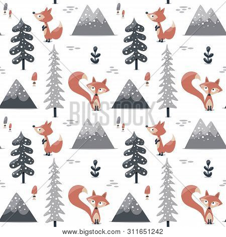 Seamless Cute Scandinavian Pattern Fox Tree Mountains
