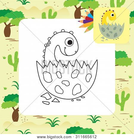 Cute Cartoon Dino Coloring Page. Vector Illustration