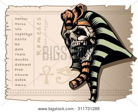 The Skull Of The Mummy Of Rameses Pharaoh Of Egypt. Vintage Banner In Tattoo Style