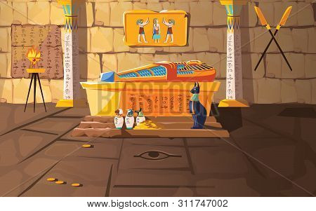 Ancient Egypt Tomb Of Pharaoh Cartoons Vector Illustration. Egyptian Pyramid Interior With Golden Sa