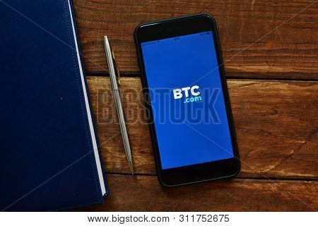 Stavropol, Russian Federation. July 16, 2019. Smartphone With Mobile Application Btc.com- Bitcoin Wa