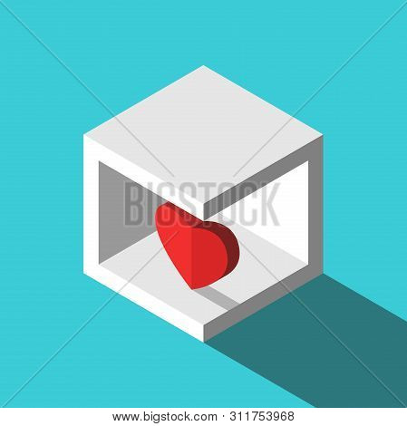 Isometric Red Heart Inside White Box On Turquoise Blue Background. Introversion, Temper, Relationshi