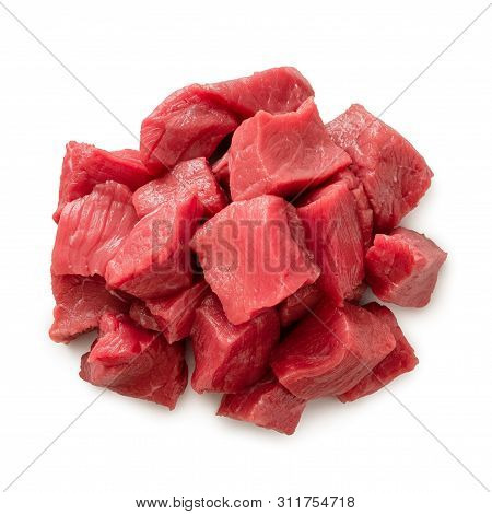 Pile Of Beef Cubes Isolated On White From Above.