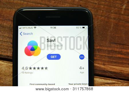 Stavropol, Russian Federation. July 16, 2019. Smartphone With Mobile Application Savl