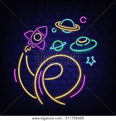 Neon Space Icons Set, Rocket, Ufo, Saturn Planet And Star Signs, Rocketship With Flame, Glowing Fluo