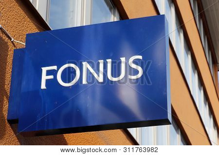 Karlstad, Sweden - July 13, 2019: Close-up Of The Fonus Funeral Home Sign.