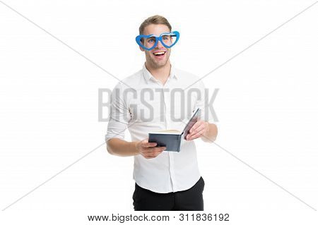 Self Improvement Literature. University Student With Lecture Notes. Book Nerd Wearing Cute Glasses. 