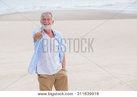 Thumbs Up Happy Elder, Good Retirement Single Old Man At Sea Beach Background