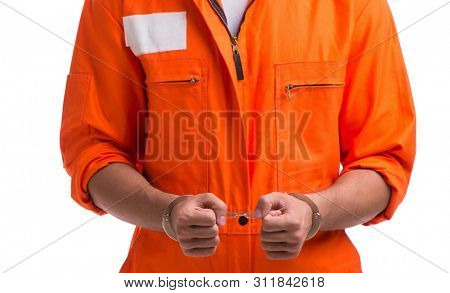 Handcuffed handsome businessman isolated on white background