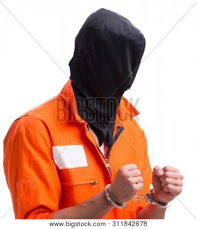 Handcuffed handsome businessman isolated on white background