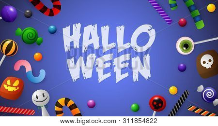 Halloween Lettering With Candies. Invitation Or Advertising Design. Typed Text, Calligraphy. For Lea