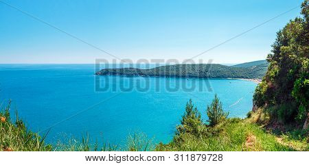 Panoramic View From Above To The Adriatic Sea Coastline And Jaz Beach Near A Budva City, Montenegro.