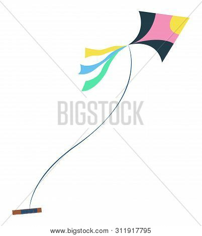 Kite Flying Toy On Rope Isolated On White. Vector Tethered Heavier-than-air Craft With Wing Surfaces