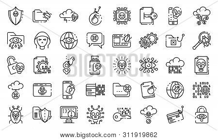 Cyber Attack Icons Set. Outline Set Of Cyber Attack Icons For Web Design Isolated On White Backgroun