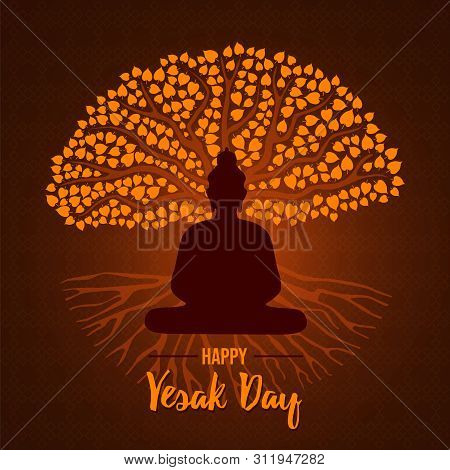 Happy Vesak Day Card Illustration For Traditional Hindu Holiday. Buddha Statue Silhouette On Gold Bo