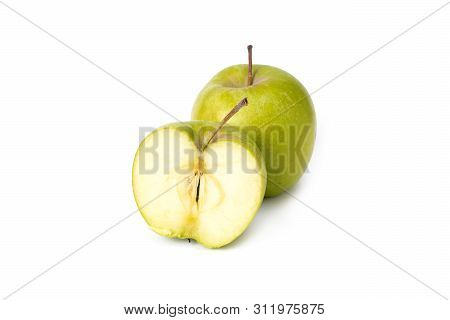 Green Apples On A White Background. Ripe Green Apples On An Isolated Background. Green Apples With G