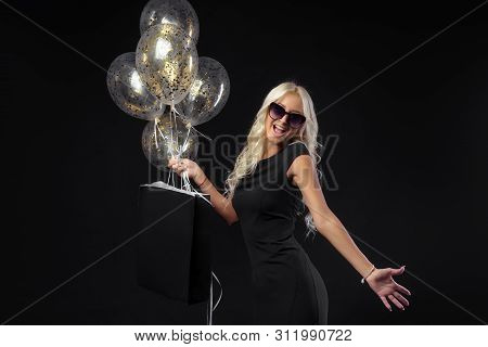 Brightfull Expressions Of Happy Emotions Of Amazing Blonde Girl Celebrating Party On Black Backgroun
