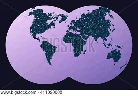 Internet And Global Connections Map. Van Der Grinten Iv Projection. World Network Map. Wired Globe I