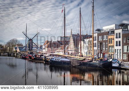 Panoramic View On The Harbour And City Center, Leiden, Netherlands