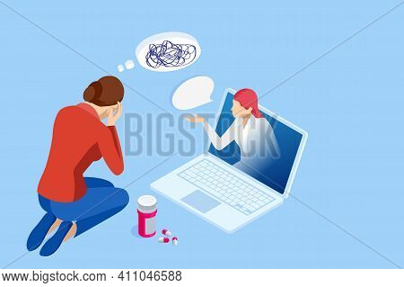Isometric Depressed Women. Online Psychotherapy. Psychology, Health, Care, Depression, Frustration, 