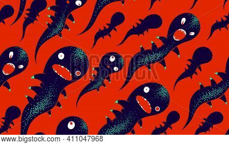 Scary Horror Monsters Seamless Vector Textile Pattern, Beasts Creatures Endless Wallpaper, Stylish B