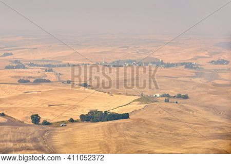 Steptoe Washington State USA. The Washington State town of Steptoe on rolling hills seen from Steptoe Butte State Park. United States.