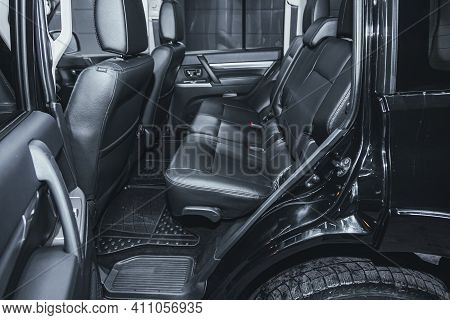 Novosibirsk, Russia - March 03 2021: Mitsubishi Pajero, New Car Inside. Clean Car Interior. Black Ba