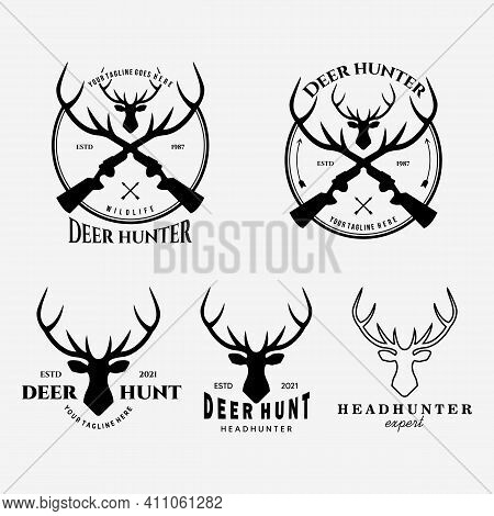 Set Deer Hunter Logo Vector Illustration Design Vintage Line Art