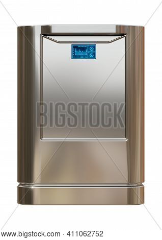 Modern Smart Dishwasher In Brushed Steel Isolated On White Background. Front View. 3d Illustration