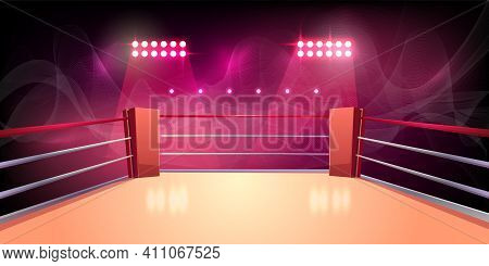 Vector Background Of Boxing Ring, Illuminated Sports Area For Fighting, Dangerous Sport. Empty Arena