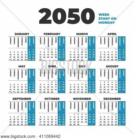 2050 Calendar Template With Weeks Start On Monday