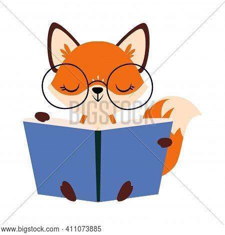 Cute Little Fox In Glasses Reading Book Vector Illustration