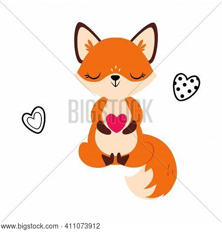Cute Little Fox Sitting Holding Heart Vector Illustration