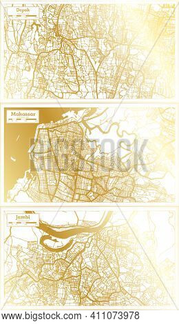 Makassar, Jambi and Depok Indonesia City Map Set in Retro Style in Golden Color. Outline Map.