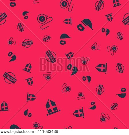 Set England Flag On Pennant, Watch With Chain, London Sign And Smoking Pipe On Seamless Pattern. Vec