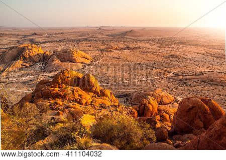 Landscape Around Spitzkoppe, Aka Spitzkop, With Massive Granite Rock Formations At Sunset Time. Nami
