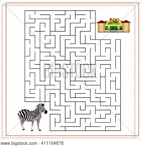 A Maze Puzzle Game For Kids. Help Me Get Through The Maze. Zebra, Zoo. Vector Illustration Isolated 