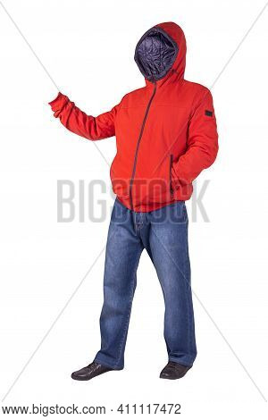 Dark Blue Jeans, Black Leather Shoes,red Jacket With A Hood Isolated On White Background. Casual Sty
