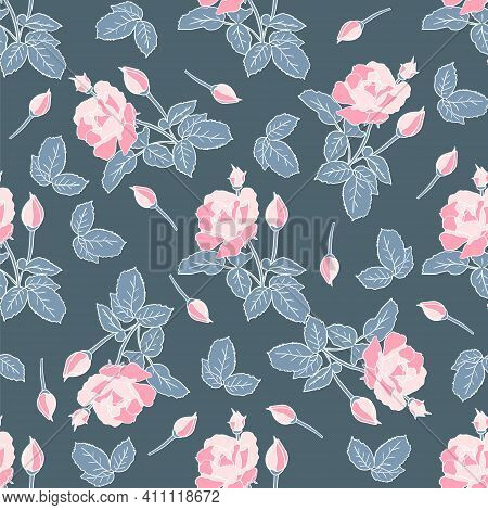 Delicate Pink Roses Seamless Pattern. Hand Drawn Flat Silhouettes With White Outline Gray Background