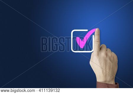 Checklist Concept, Hand Of Businessman Checking Mark On The Check Boxes With Marker Red, Copy Space.