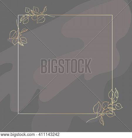 Gold Frame. With Golden Branches Of Eucalyptus. On A Gray Background. Abstract Transparent Spots. Pl