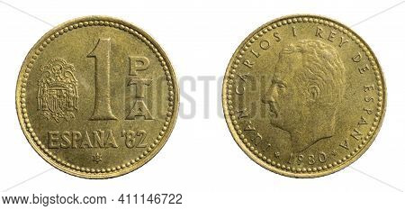 Spain One Pta Coin On White Isolated Background
