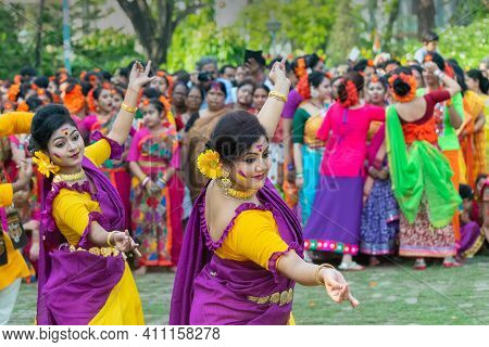 Kolkata, India - March 21st, 2019 : Beautiful Young Girl With Spring Festive Make Up , Joyful Expres